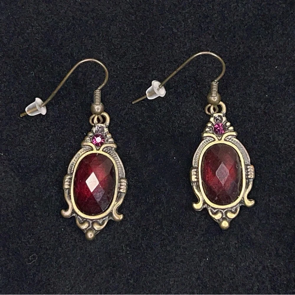 Victorian Style Dangle Earrings Bronze Look Deep Red Burgundy Boho Bohemian